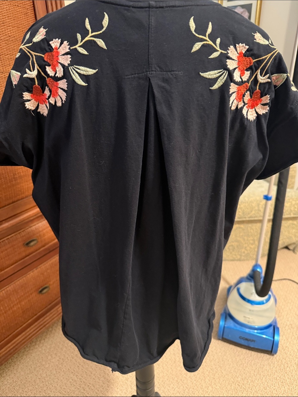 Johnny Was Black Tee with Multicolor Floral & Bird Embroidery Panel - Picture 3 of 3